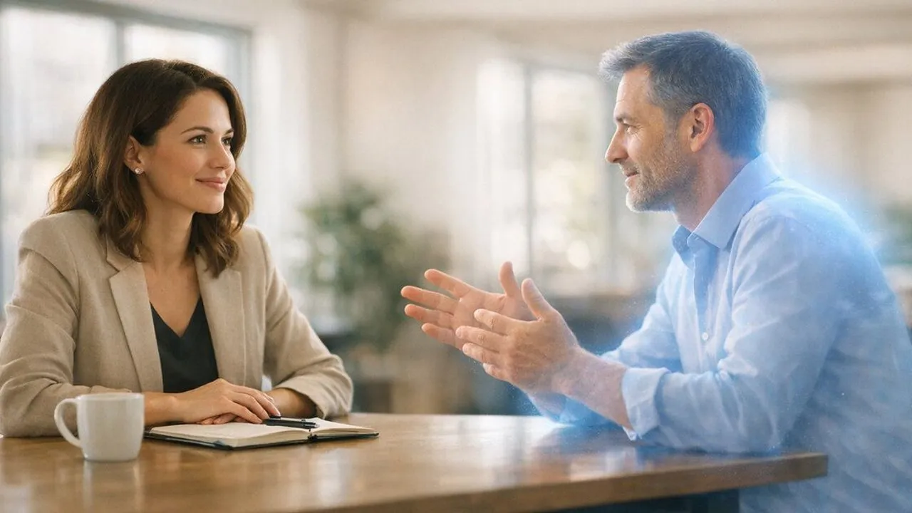A woman and man talk across a table with a notebook, pen and coffee mug.