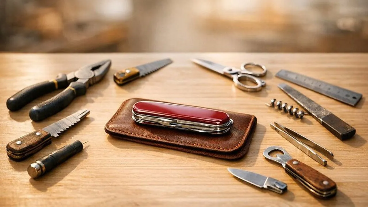 Red Swiss Army knife on a leather pouch surrounded by tools on a wooden table