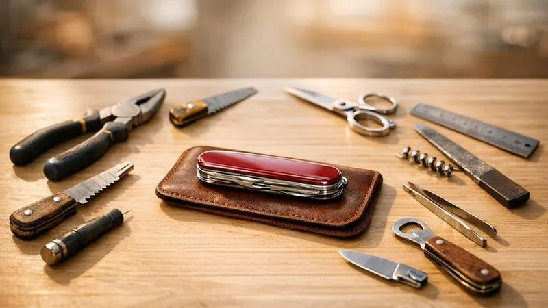Red Swiss Army knife on a leather pouch surrounded by tools on a wooden table