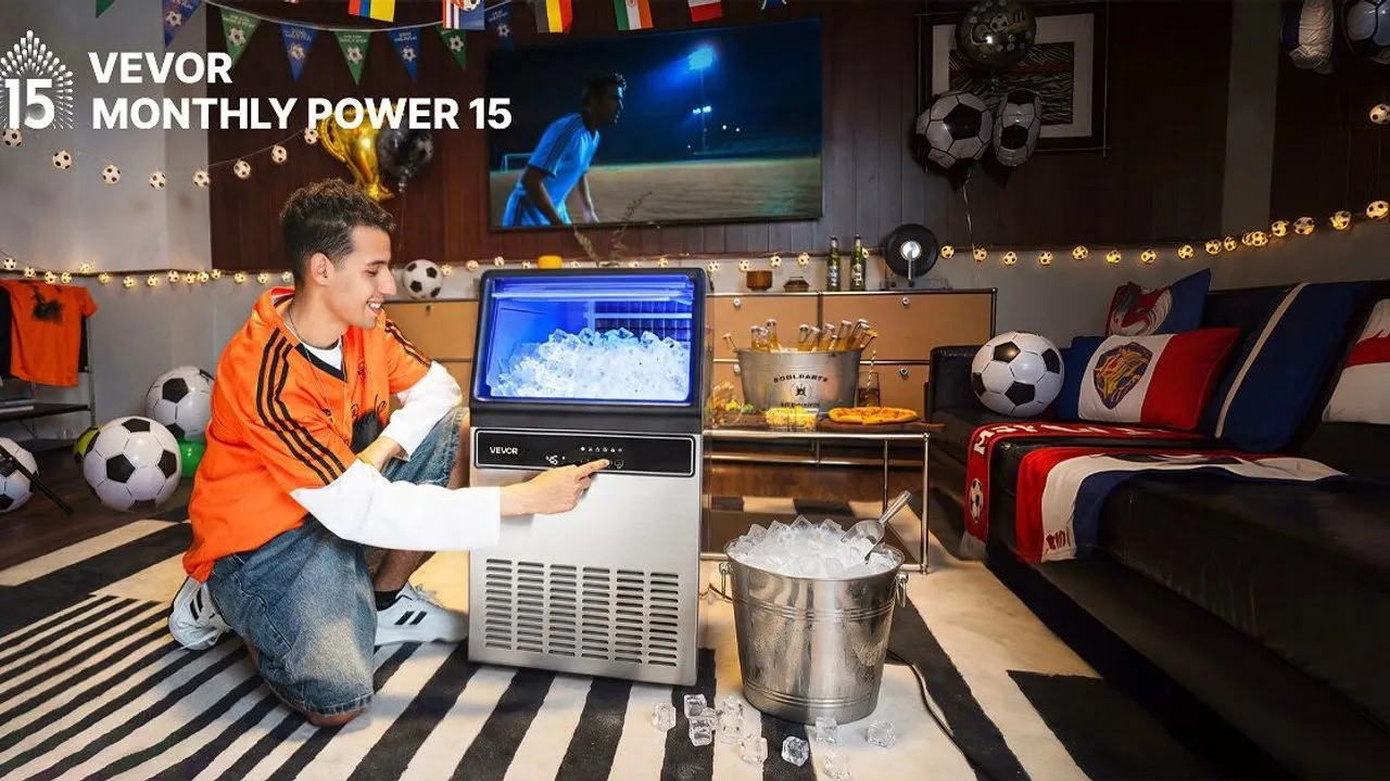 Man operating a VEVOR ice maker in a soccer-themed room decorated with balls, flags and a large TV.