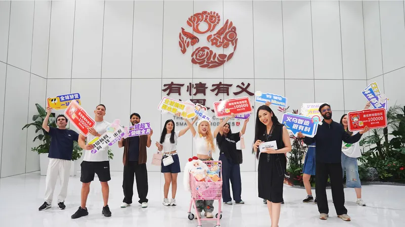 A group holds promotional signs beside a pink shopping cart in a lobby with Chinese signage.