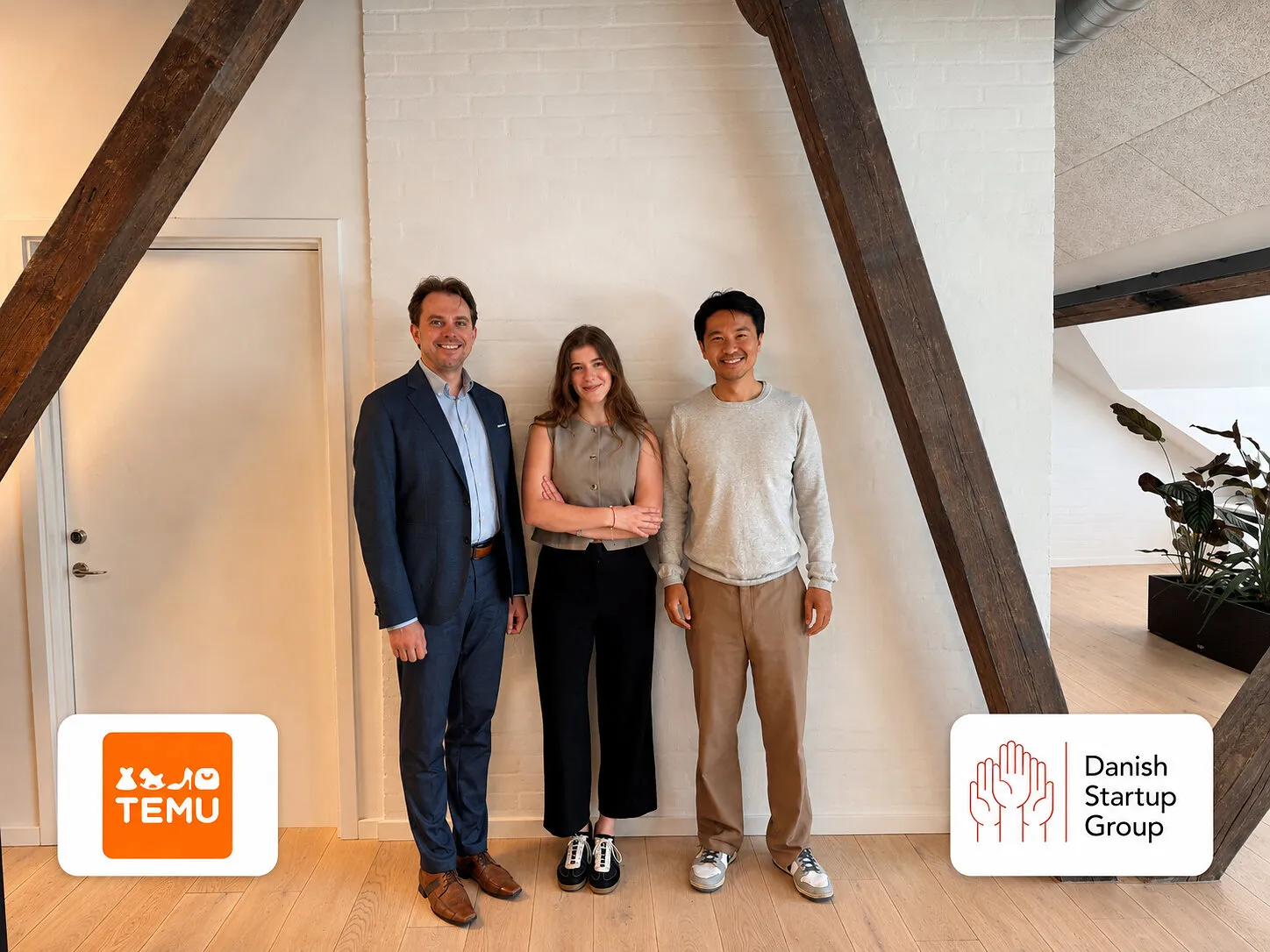 Three people stand between Temu and Danish Startup Group logos in a timber-beamed interior.