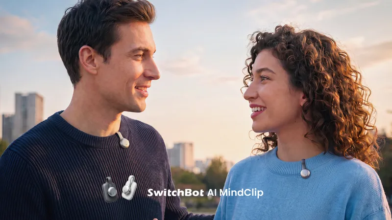 A man and woman wearing clip-on earbuds smile at each other outdoors.