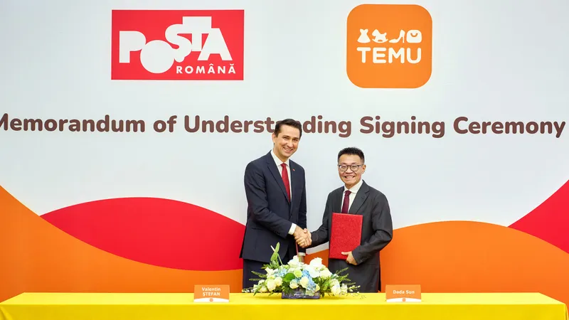 Two men shake hands at a memorandum signing ceremony between Poșta Română and Temu.