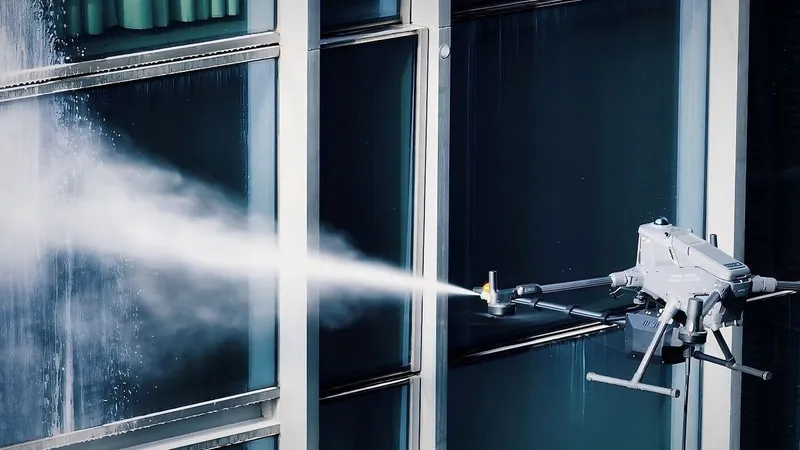 A drone sprays water onto the exterior windows of a high-rise building.