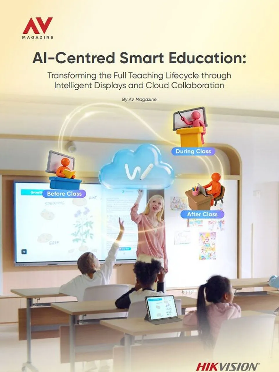 Teacher and students in a classroom with a smart display, tablet and cloud-learning illustrations.