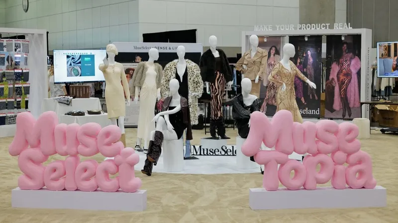 Mannequins in dresses, fur coats and boots behind pink “Muse Select” and “Muse Topia” signs.
