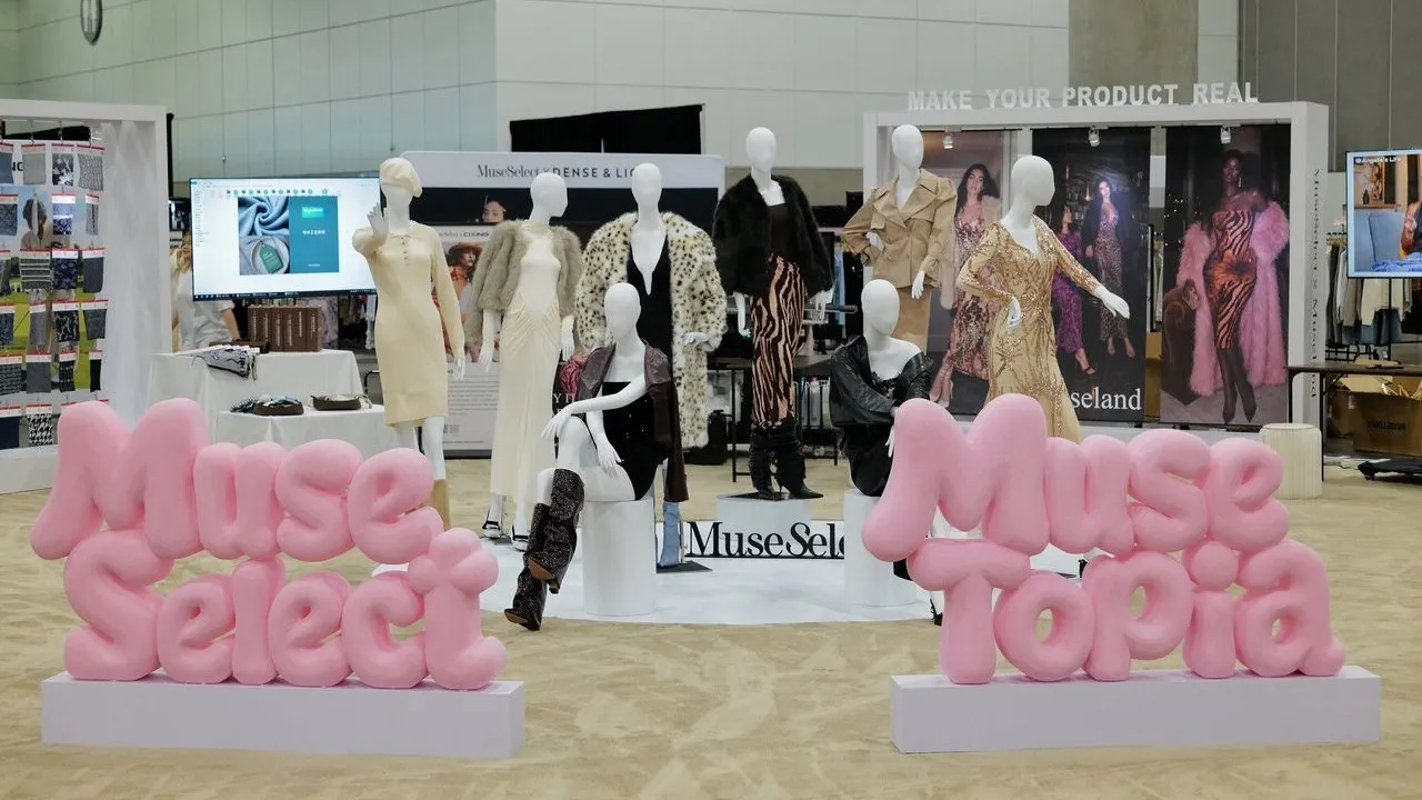 Mannequins in dresses, fur coats and boots behind pink “Muse Select” and “Muse Topia” signs.