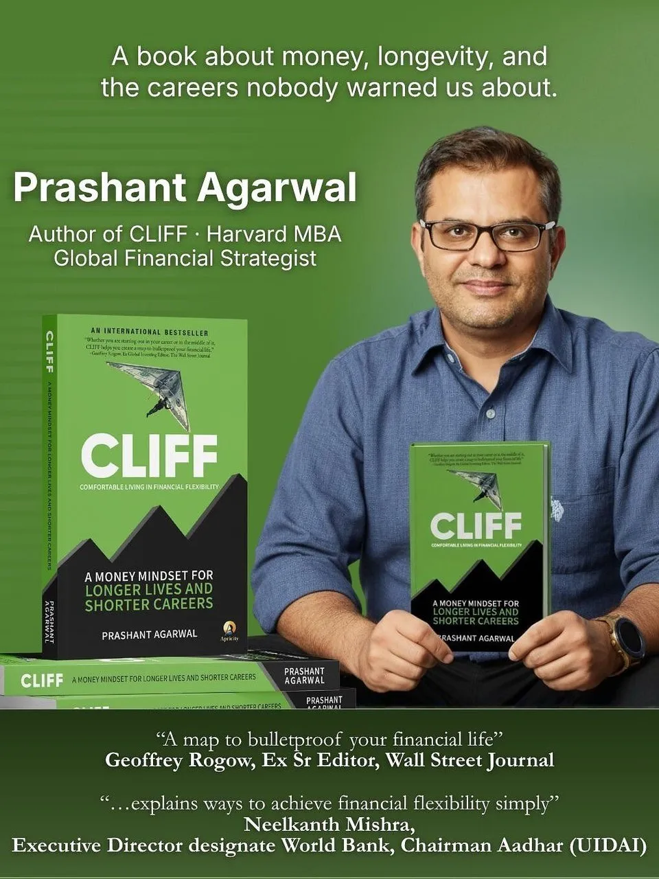 Prashant Agarwal holding a copy of his book, Cliff, beside stacked copies against a green background.
