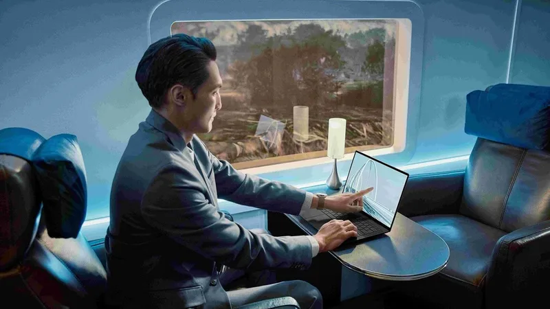 Man using a laptop at a table inside a train carriage.