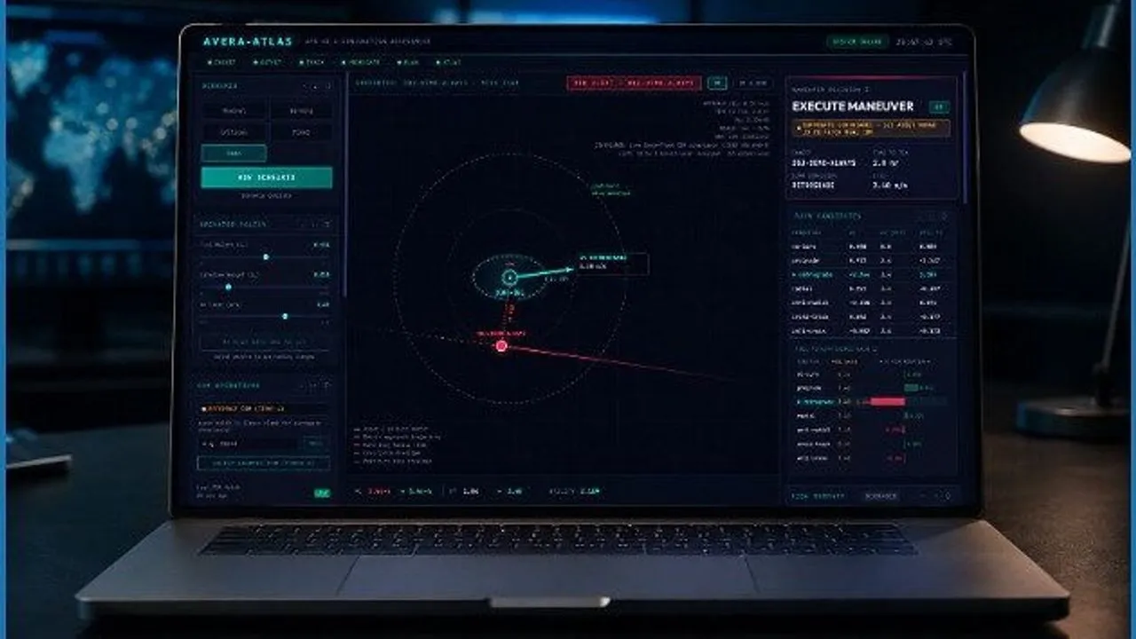 Laptop displaying the AVERA-ATLAS dashboard with orbital tracking data and maneuver controls.