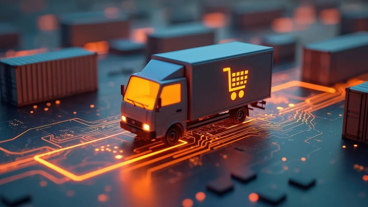 Delivery truck with a shopping cart symbol on a glowing circuit-board map among shipping containers