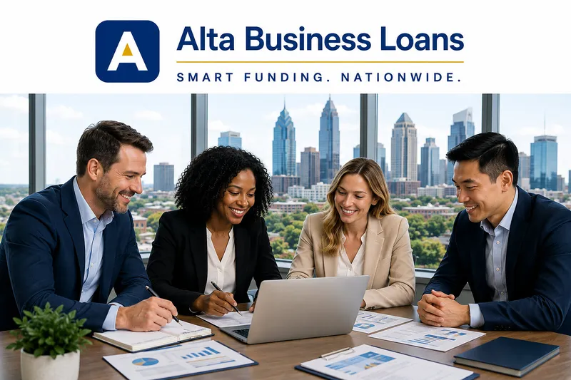 Four business professionals review documents around a laptop beneath the Alta Business Loans logo.