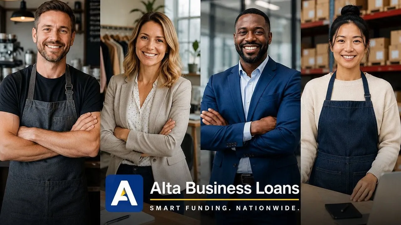 Four smiling business owners standing in a shop and warehouse with Alta Business Loans text and logo.