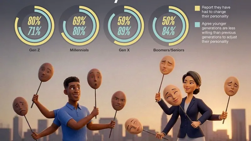 Chart comparing generations’ personality adjustment views above workers holding emotion masks.