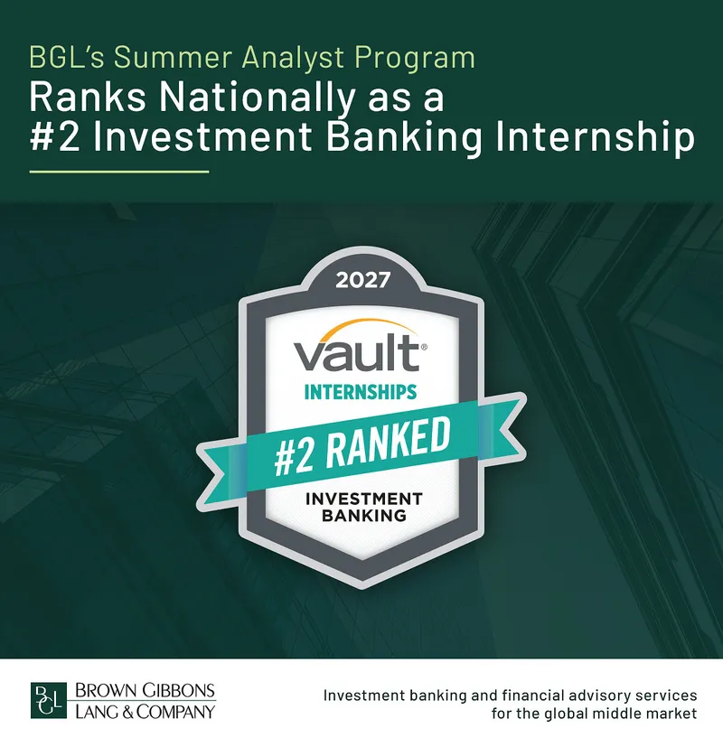 Badge reading “#2 Ranked Investment Banking” against a dark green skyscraper background.