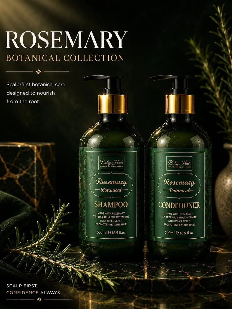 Rosemary botanical shampoo and conditioner bottles with gold pumps beside fresh rosemary sprigs.
