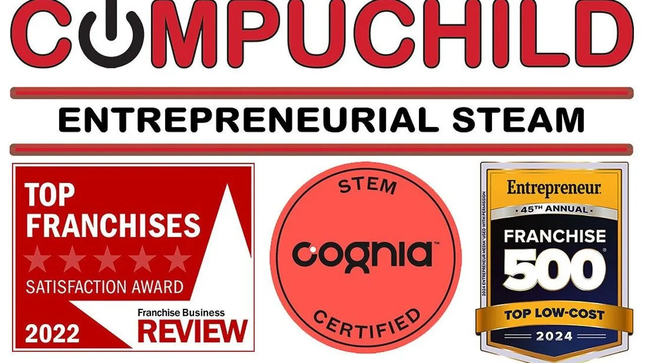 COMPUCHILD Entrepreneurial Steam logo with franchise satisfaction, STEM certification, and top low-cost awards