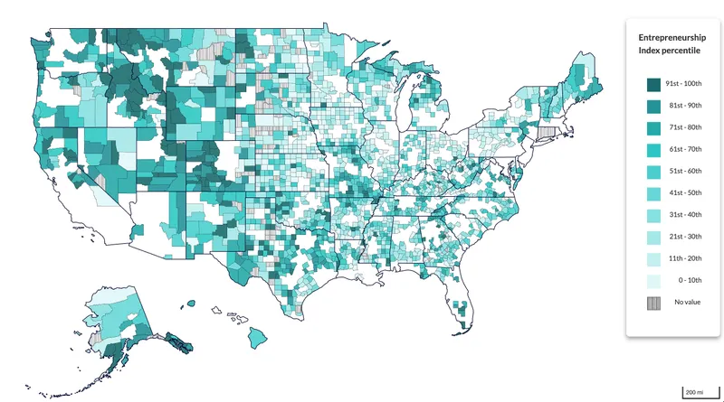 U.S. county map shaded in teal by entrepreneurship index percentile, with a legend.