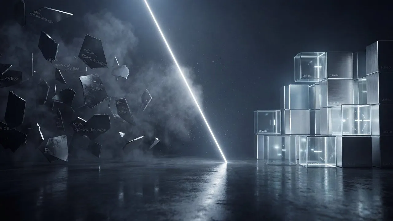 Dark shards and glowing glass cubes separated by a diagonal beam of light.