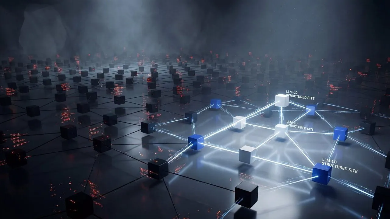 Glowing blue and white cubes connected by bright lines among dark grid-like blocks