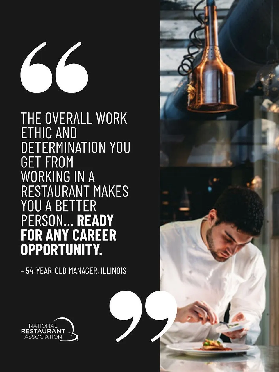 Quote about restaurant work ethic beside a chef plating food in a restaurant kitchen.
