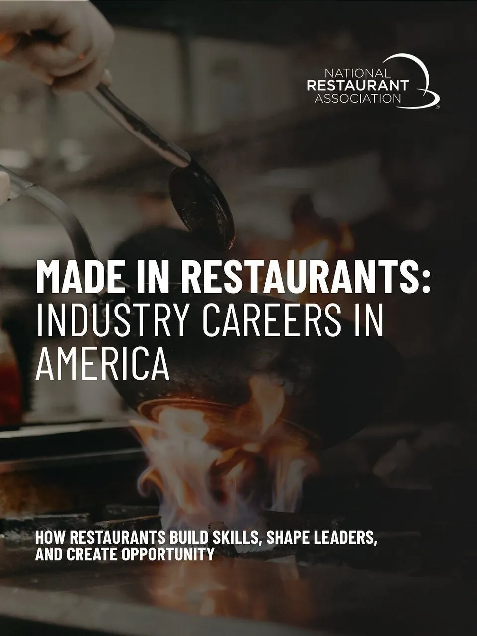 A chef uses tongs and a ladle over flames on a stovetop, with restaurant careers report text.