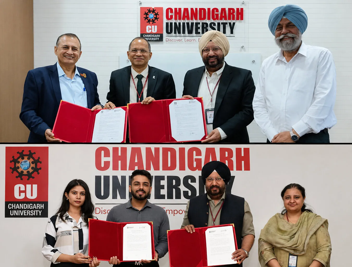 University representatives hold signed documents in red folders before Chandigarh University signage.