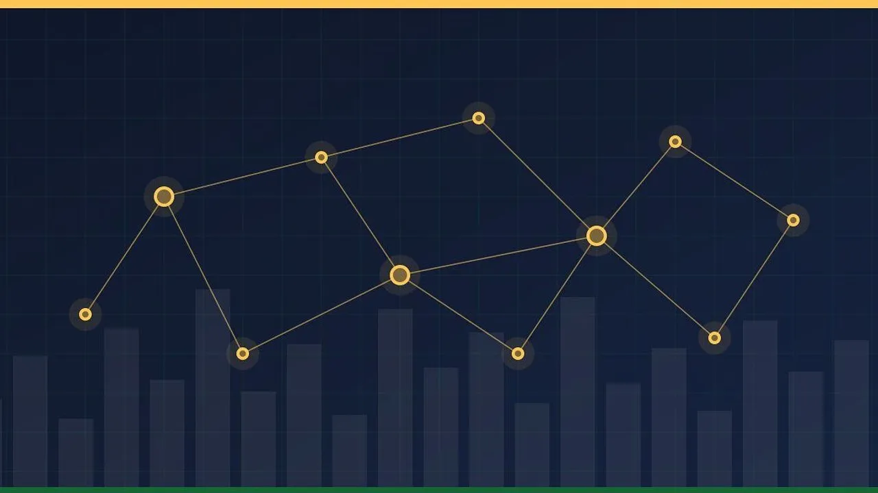Gold line graph with circular data points over blue bar chart grid.