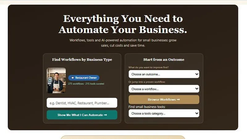 Business automation webpage with workflow search fields, dropdown menus and buttons for small businesses.