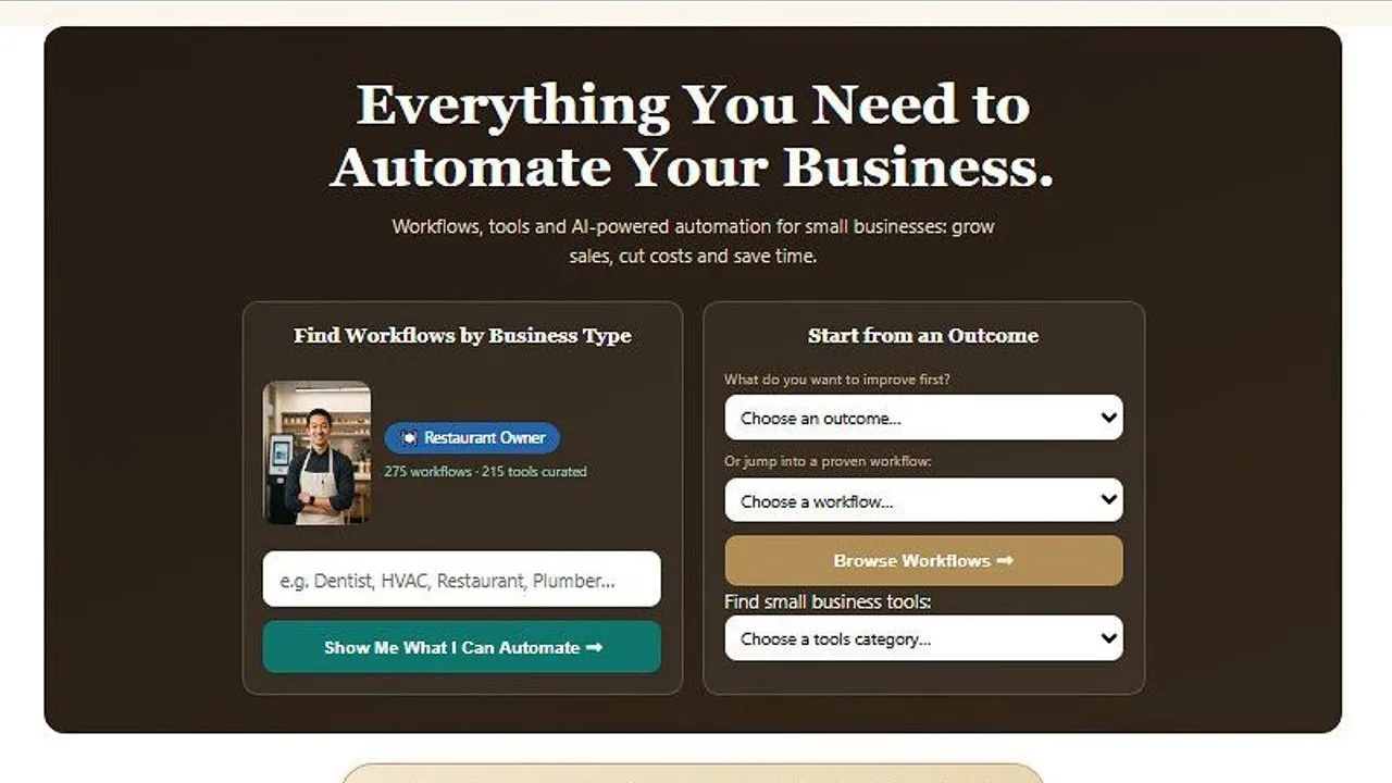 Business automation webpage with workflow search fields, dropdown menus and buttons for small businesses.