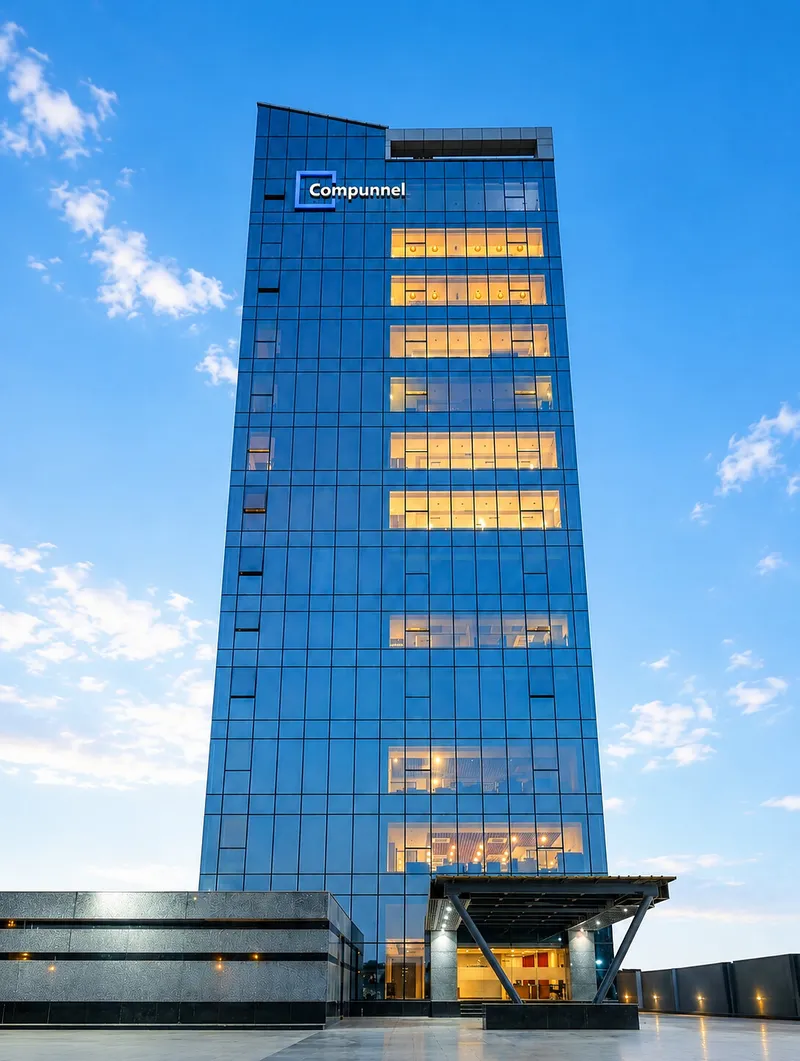 Compunnel office tower with illuminated windows beneath a blue evening sky