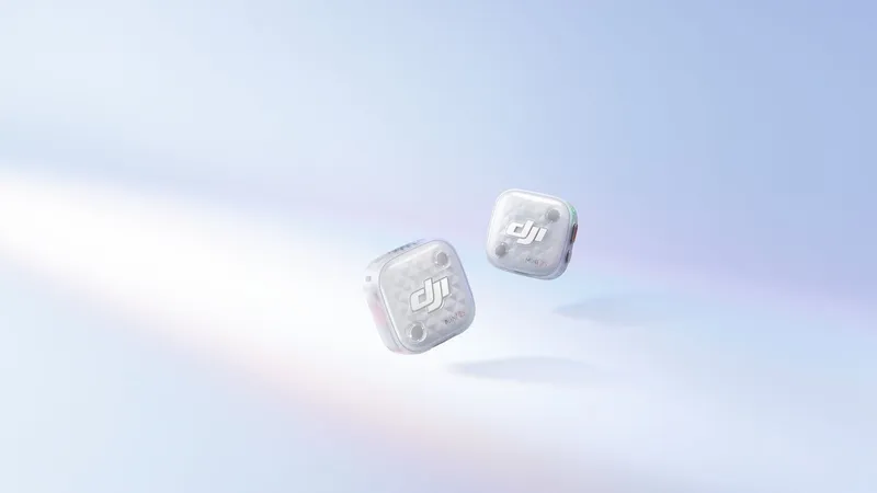 Two DJI Mic Mini transmitters floating against a pale blue background.