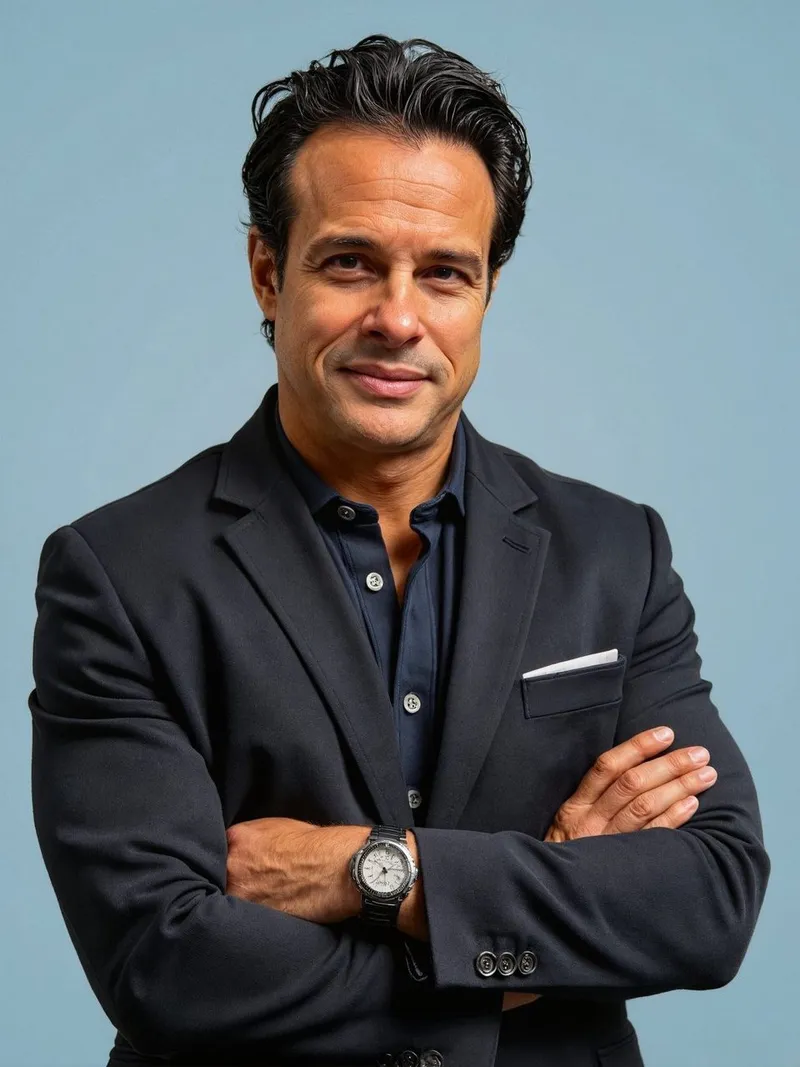 David Rozen in a dark suit and blue shirt, standing with arms crossed against a pale blue background.