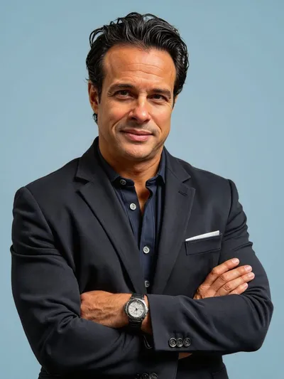 David Rozen in a dark suit and blue shirt, standing with arms crossed against a pale blue background.