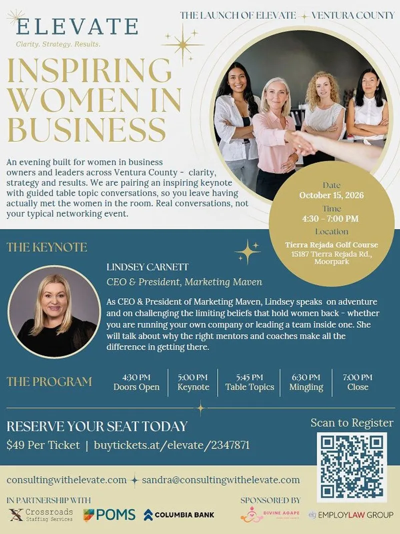 Elevate inspiring women in business event flyer with four women, keynote speaker portrait, schedule and QR code