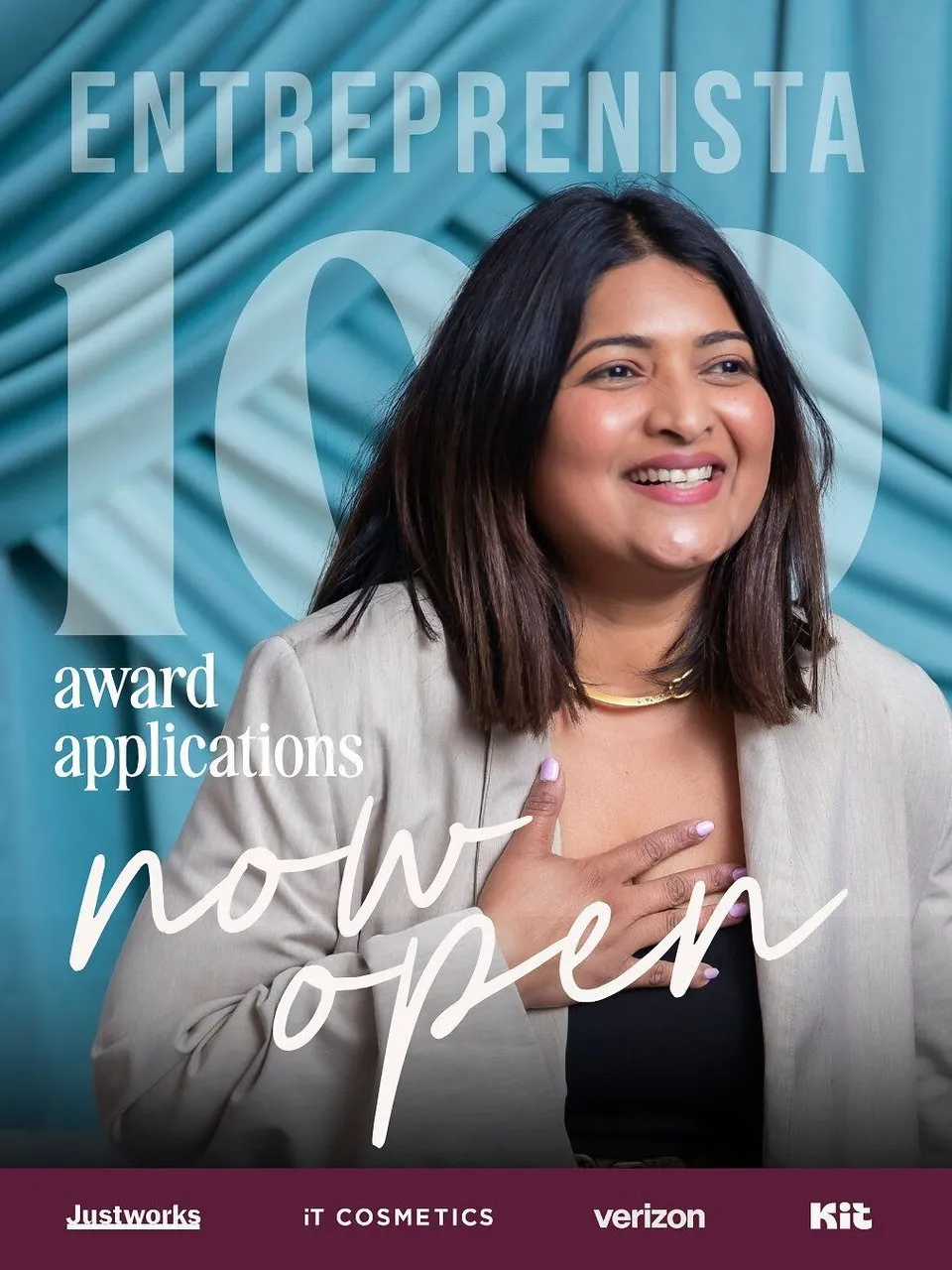 A smiling woman in a beige blazer promotes Entreprenista 100 award applications.