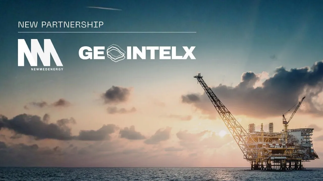 New partnership logos above an offshore oil platform at sunset.