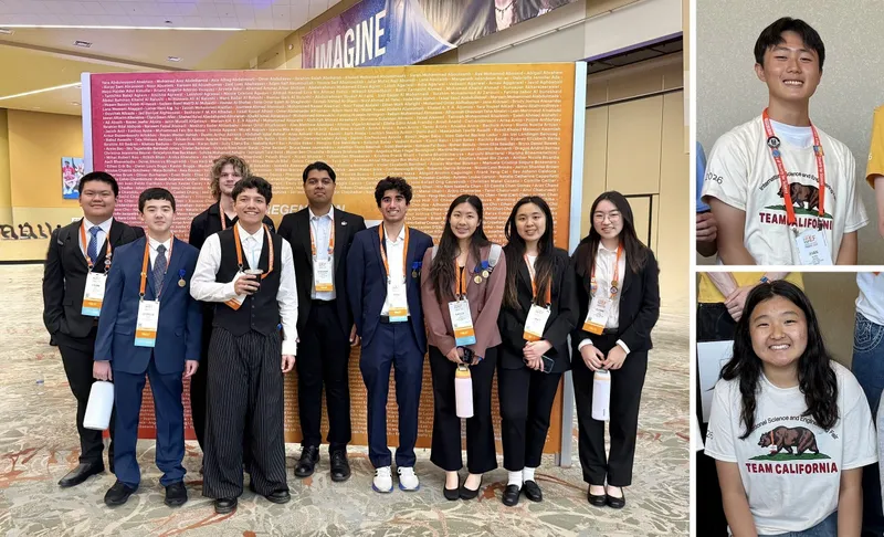 Nine students wearing conference badges pose together; two wear Team California shirts.