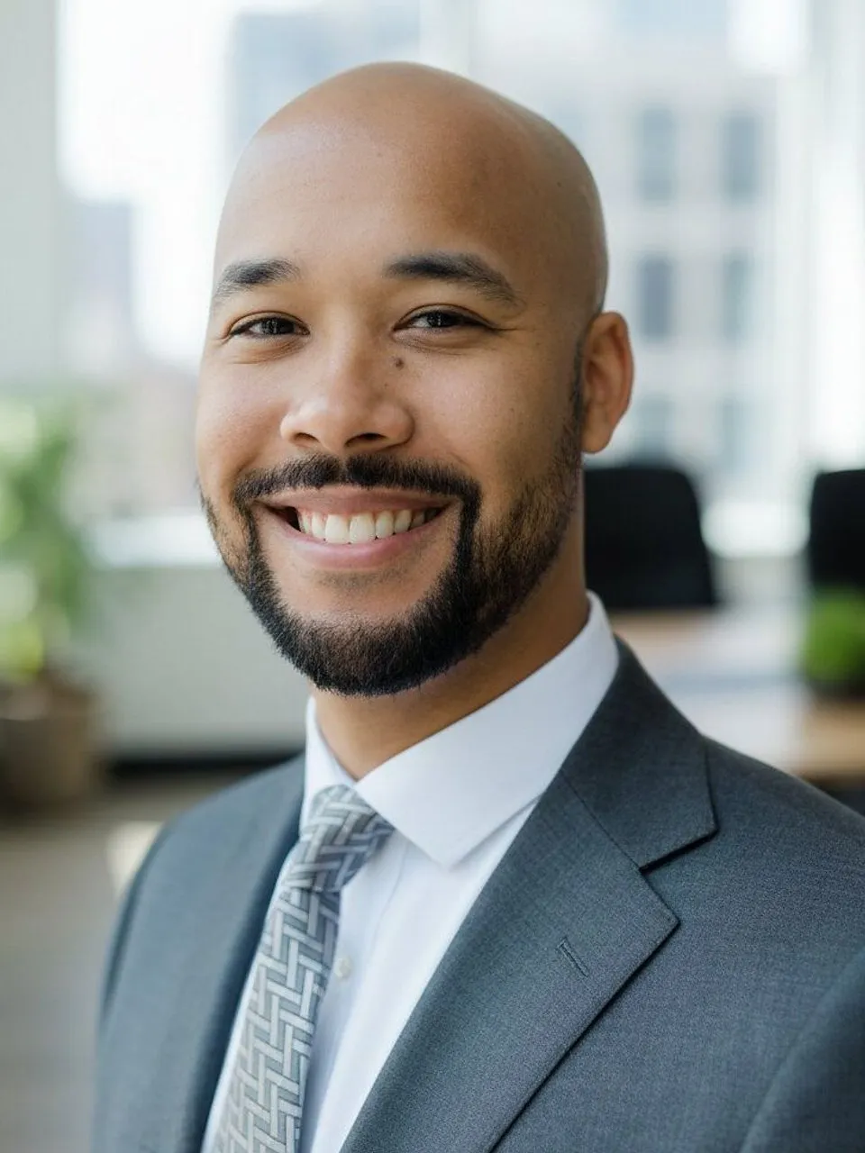 Christian Roberts smiling in a gray suit and patterned tie in an office.