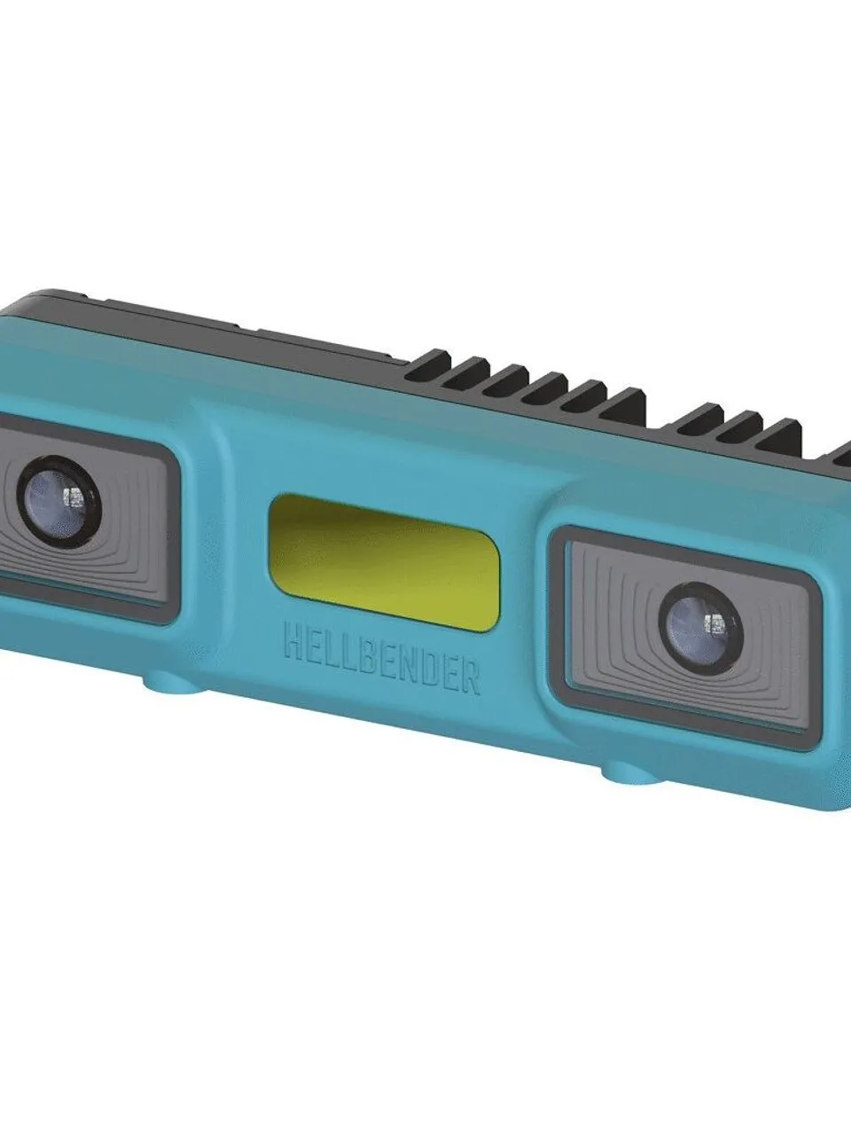 Hellbender stereo AI camera with two lenses in a turquoise housing and black heat sink fins