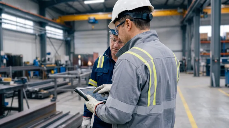 Two workers in safety gear review a tablet inside an industrial workshop.