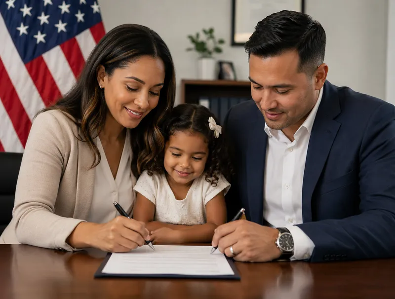 Parents and young daughter signing documents at a desk with a US flag behind them.