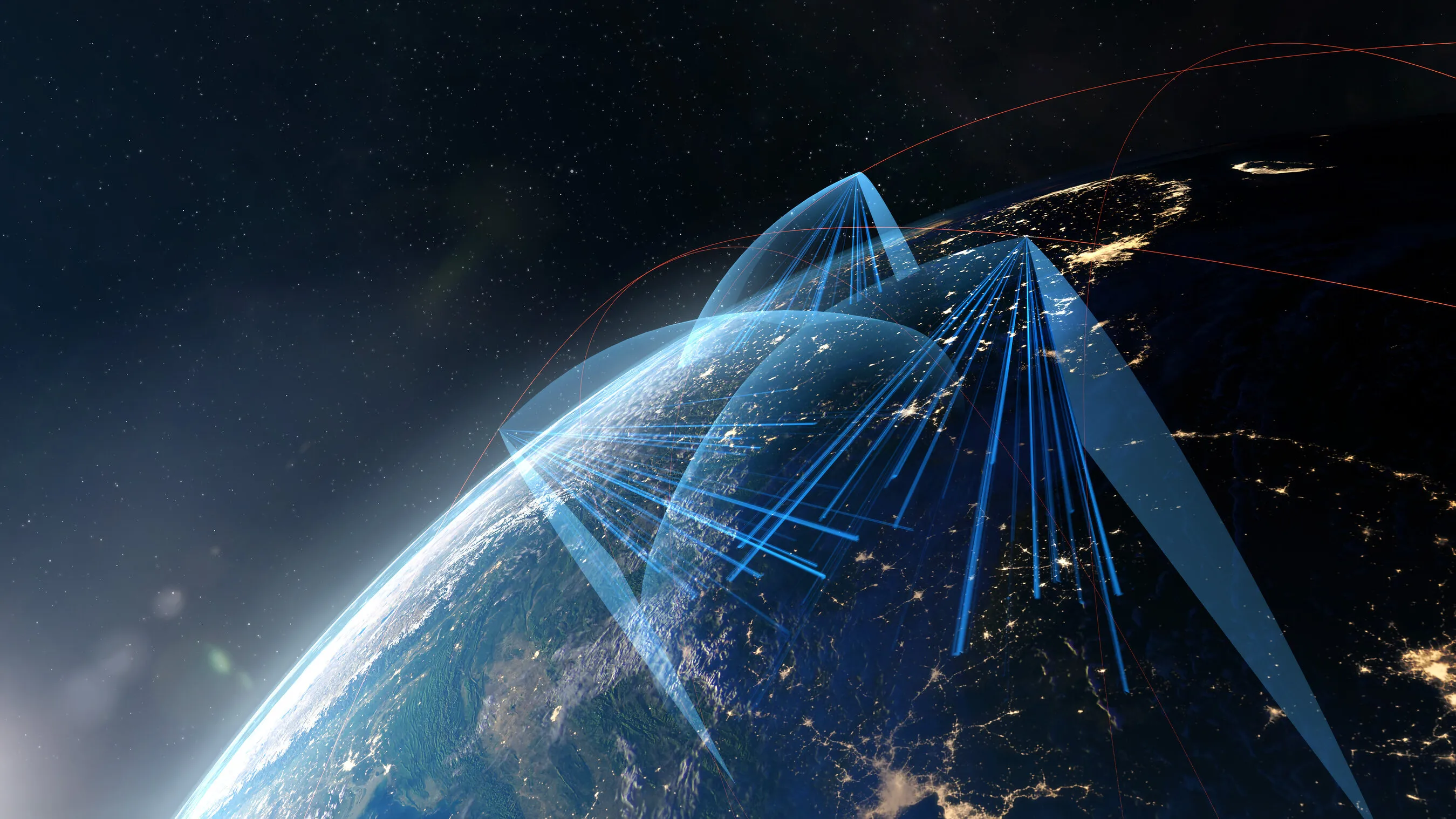 Earth at night with blue data beams and red network arcs spanning the globe.