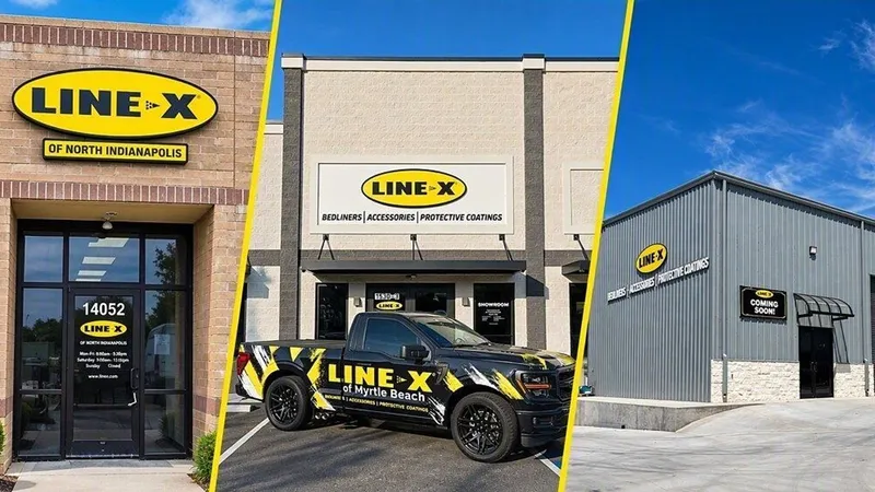 Three LINE-X storefronts, including one with a branded pickup truck parked outside.