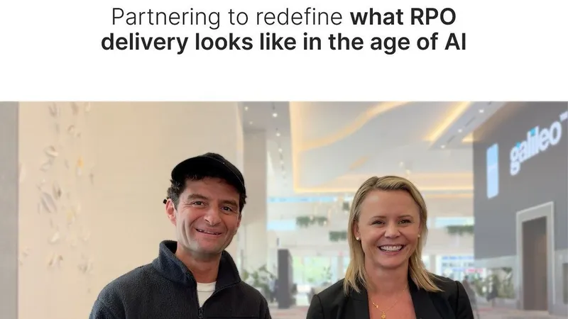 Maki Hudson and a woman stand beneath a sign about redefining RPO delivery in the age of AI.