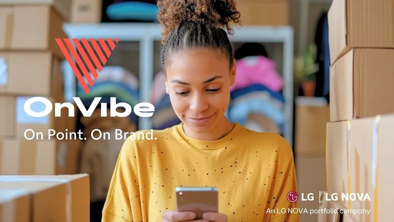 Woman using a smartphone among stacked cardboard boxes, with OnVibe and LG Nova logos.