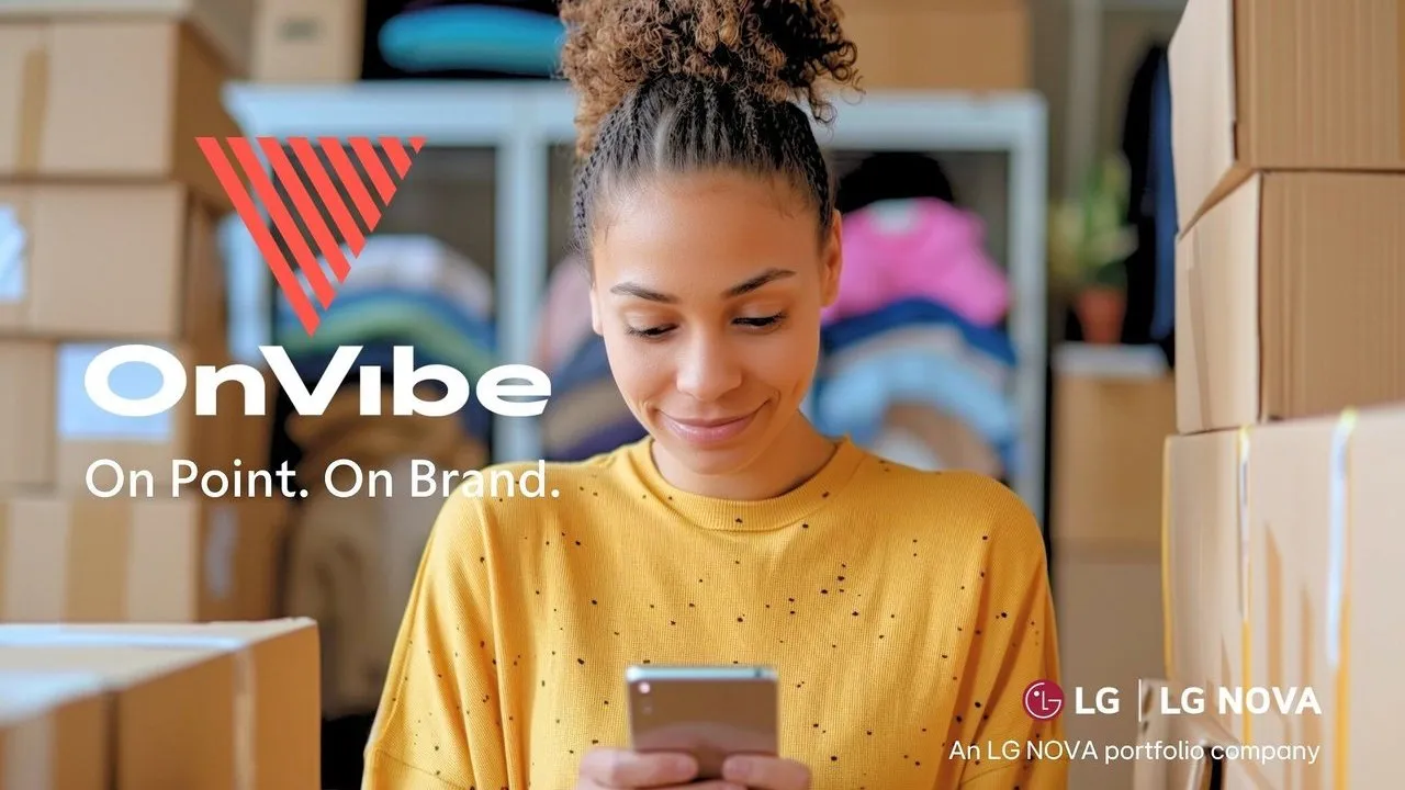 Woman using a smartphone among stacked cardboard boxes, with OnVibe and LG Nova logos.