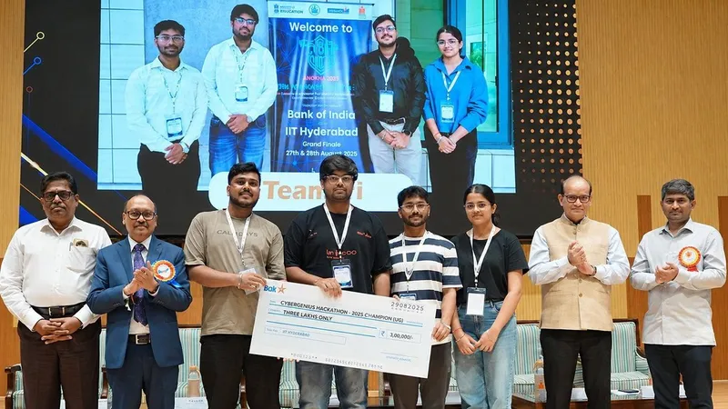 Students hold a ceremonial cheque with officials at the CyberGenius Hackathon awards ceremony.