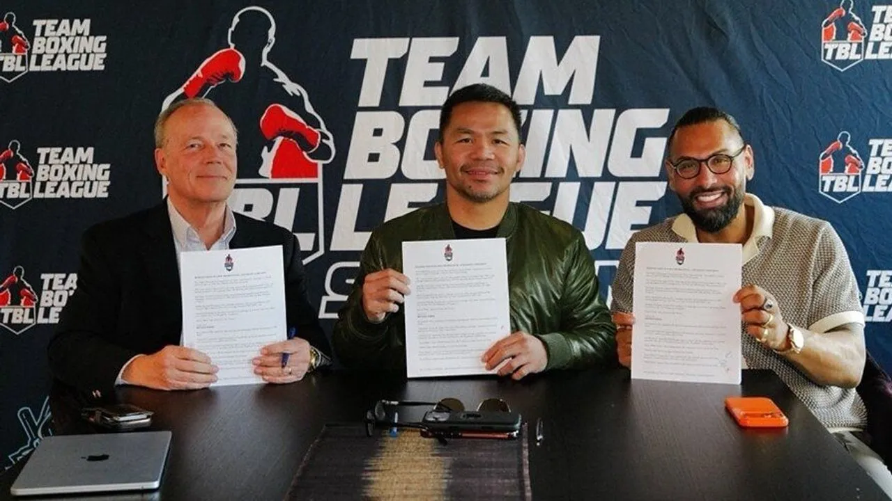 Three men hold documents at a Team Boxing League table.